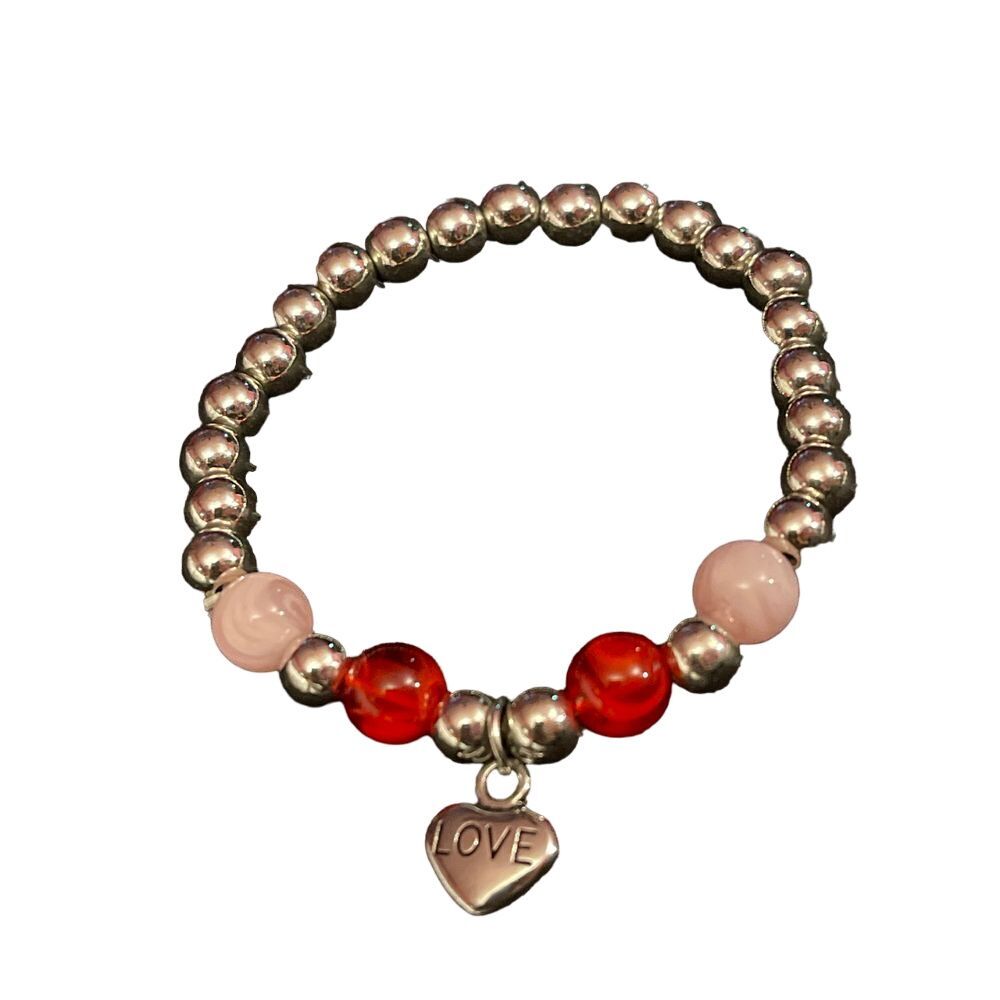 Handmade Love Charm Bracelet Silver Beads Pink Red Stones Valentine's Gift R41‎